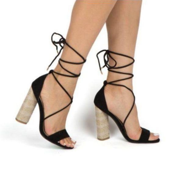 Black Suede & Canvas Lace Up Heels - Picture 3 of 4